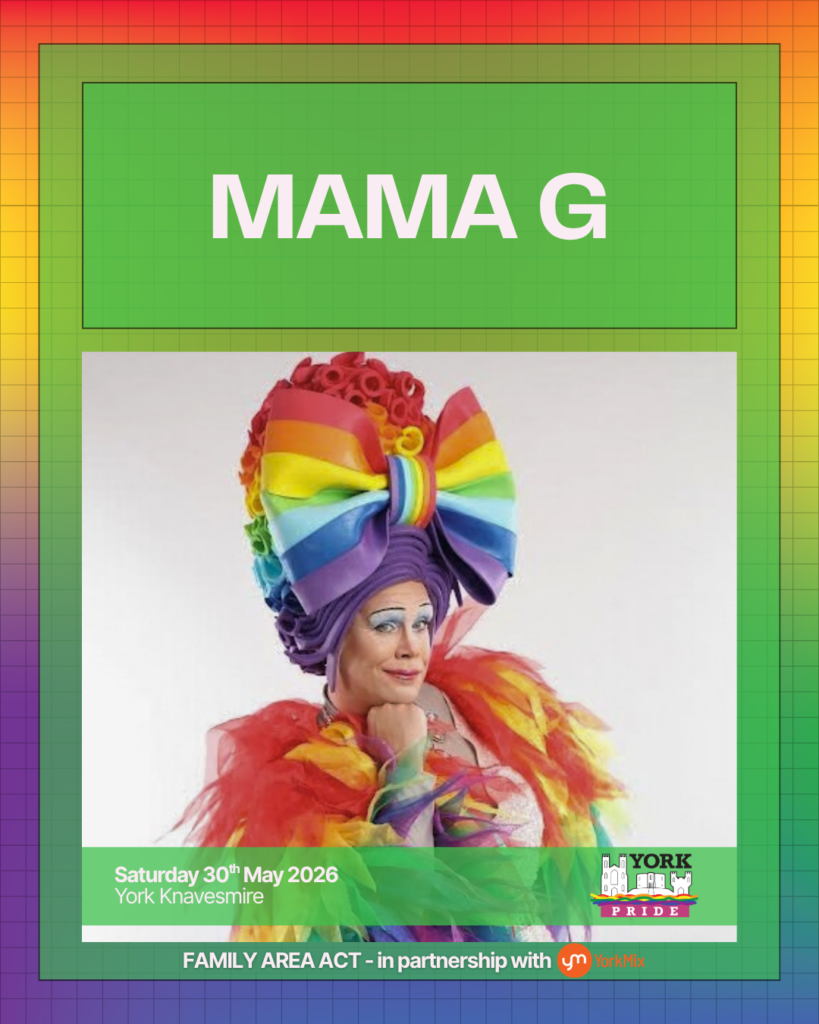 ```plaintext
Performer in vibrant rainbow outfit and large bow promoting York Pride, Family Area Act on 30th May 2026.
```