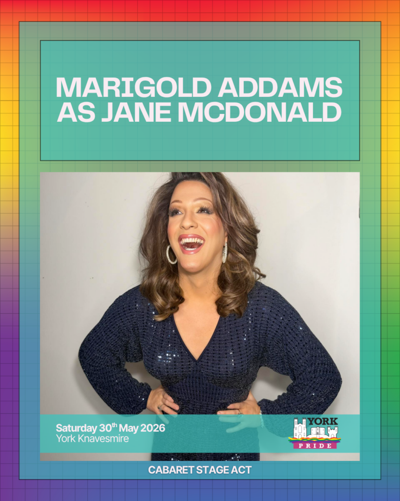 ```markdown
Performer in sequined dress at York Pride cabaret stage, scheduled for 30th May 2026.
```