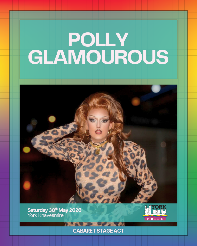 ```markdown
Alt text: Drag performer in leopard print dress at York Pride with colourful border and cabaret stage act text.
```