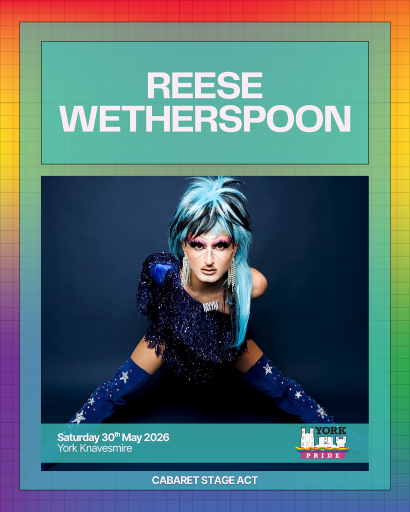 Drag performer in a vibrant costume poses energetically for York Pride 2026 event poster.