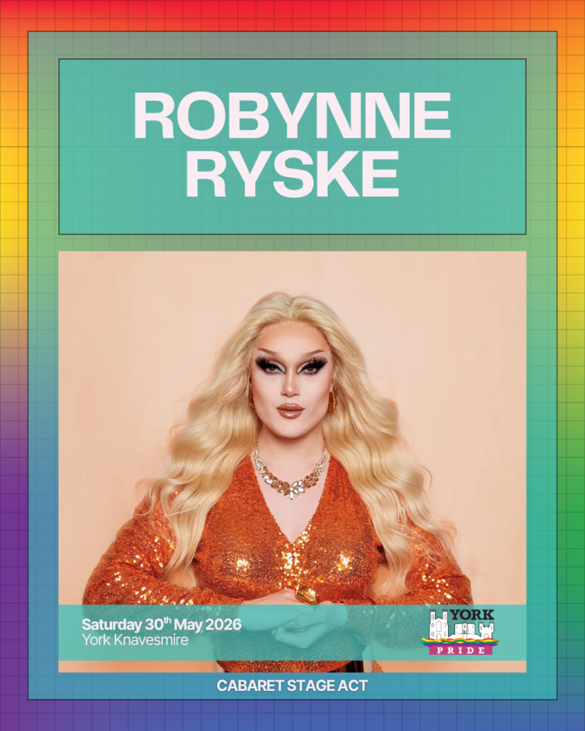 ```markdown
Alt text: Performer in sparkling outfit with long hair, promoting cabaret act at York Pride on 30th May 2026.
```