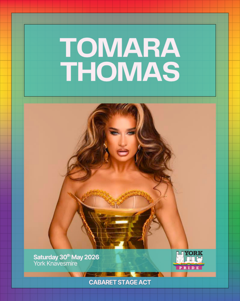Sure, here is an alt text for the image:Performer in gold corset for York Pride cabaret event on 30th May 2026.